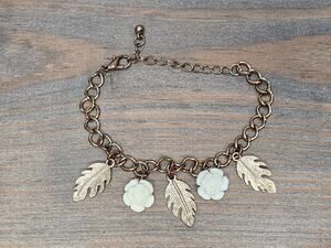 Charm Bracelet White Flowers Leaf Brass Tone